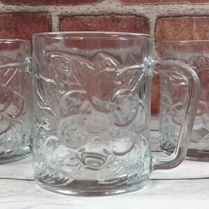 KIG Set of 4 Vintage Heavy Clear Glass Mugs Embossed Grapes & Leaves Indonesia